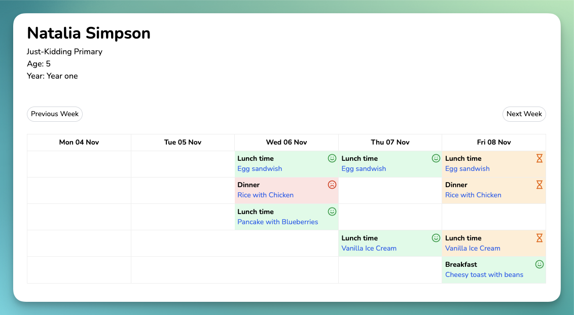 Screenshot of a pupul's weekly meal schedules